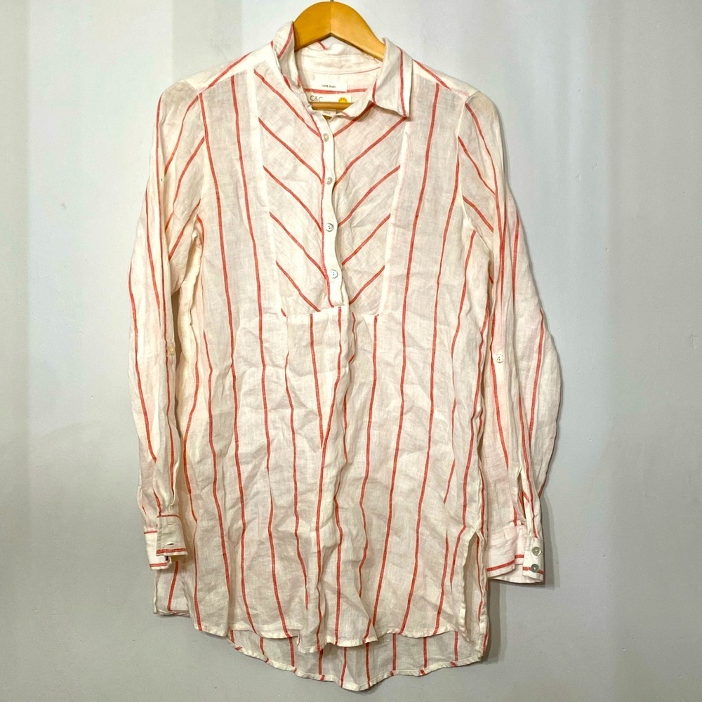 C&C California Tunic Linen Top Popover Roll Sleeve NWT Lagenlook Coastal Clean S